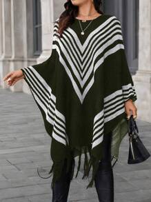 Calvaya Plus Size Women Striped Color Block Tassel Hem Pullover Sweater, Autumn/Winter