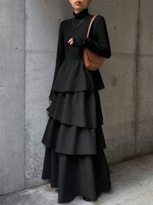 FRIFUL Váy dài tay họa tiết bèo nhún đơn giản, tối giản dành cho nữ, mùa thu, quần áo nữ mùa thu - màu đen - Xem 1