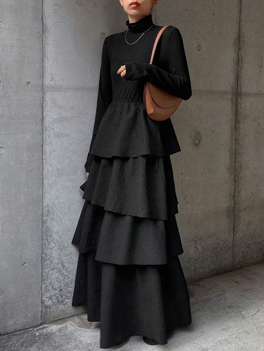 FRIFUL Váy dài tay họa tiết bèo nhún đơn giản, tối giản dành cho nữ, mùa thu, quần áo nữ mùa thu - màu đen - Xem 1