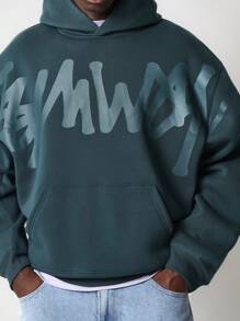 SUMWON 舒适街头连帽衫，带有时尚涂鸦品牌印花，秋冬休闲套头衫，都市时尚运动衫，带中央口袋 - 綠色 - 查看 3