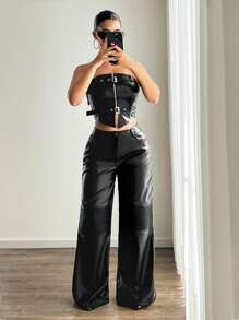 SHEIN ICON Quần ống rộng cạp thấp phong cách đường phố Châu Âu & Mỹ Quần da PU - màu đen - Xem 4