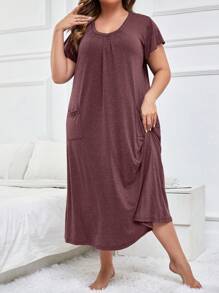 SHEIN Vestido de dormir casual de talla grande de un solo color, con piel amigable, con doble bolsillo, vestido largo, muu muu - Rosa Fucsia - Ver 3