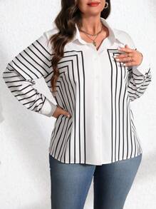 SHEIN LUNE Plus Size Women Woven Geometric Print Christmas Casual Shoes Earrings And Regular Spring/Autumn Long Sleeve Shirt - Cream - View 5