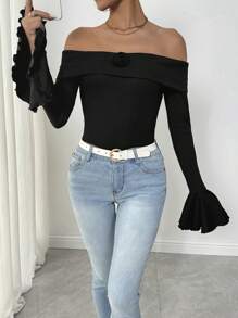 SHEIN Unity Sexy Form-Fitting Knit Off-Shoulder Flare Sleeve 3D Flower Decor Bodysuit, For Women, Autumn/Winter Fall Cloth For Women - Black - View 1