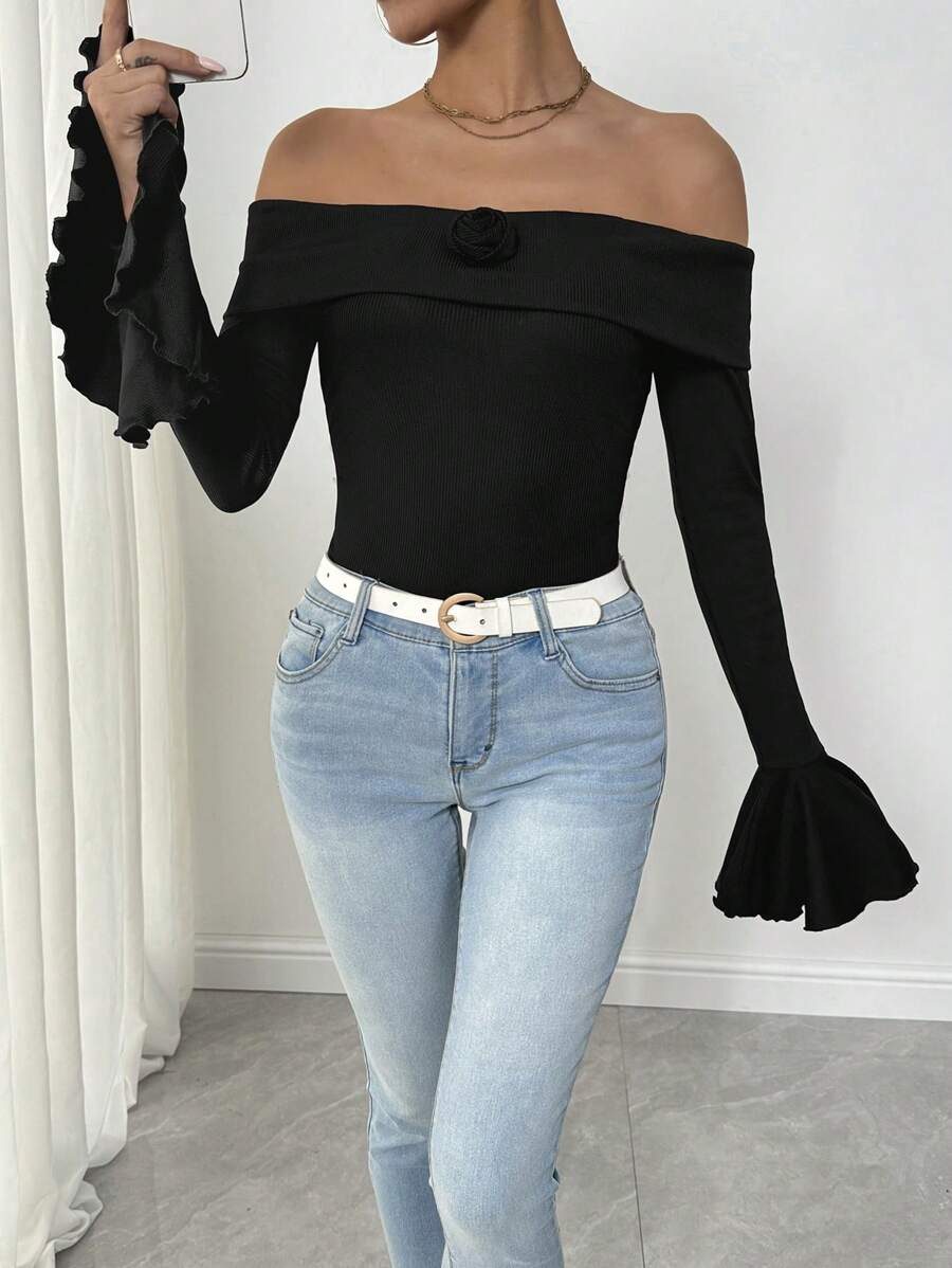 SHEIN Unity Sexy Form-Fitting Knit Off-Shoulder Flare Sleeve 3D Flower Decor Bodysuit, For Women, Autumn/Winter Fall Cloth For Women - Black - View 1