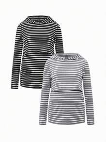 SHEIN Maternity 2pcs Women Fitted Striped Hooded Long Sleeve Tops, Nursing
