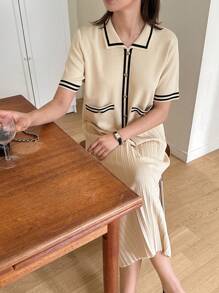 DAZY Váy len kẻ sọc tay ngắn cài nút cho nữ có xếp ly - Màu be - Xem 1