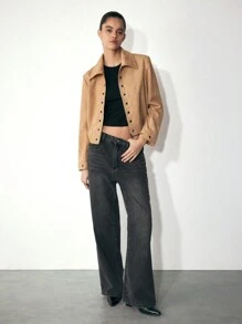 Maija 女式棕色金属点缀休闲简约纯色长袖复古夹克，秋冬 - 卡其色 - 查看 1