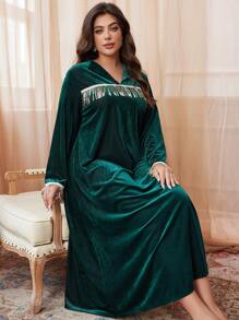 Al Najma Đầm dài Ả Rập trang trí sequin thanh lịch cho nữ cỡ lớn - Màu xanh lá cây đậm - Xem 6