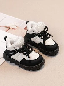 1 双冬季儿童毛绒保暖透气运动鞋，时尚皮革鞋面，儿童休闲跑步鞋 - 黑色 - 查看 2