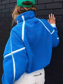 女式毛绒撞色拉链夹克，长袖，适合秋冬季 - 藍色 - 查看 6