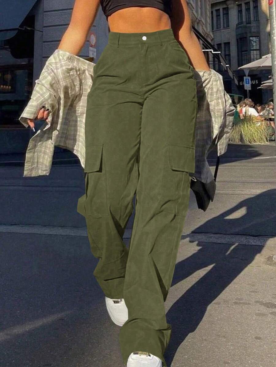 SHEIN 女童休闲实用梭织裤，百搭，秋季 - 軍綠色 - 查看 1