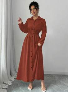 Elenzga Vestido camisero largo de un solo pecho de unicolor de manga larga para mujer, apto para primavera, verano, otoño e invierno, para ocasiones casuales como té de la tarde, fiestas, Acción de Gracias, vuelta al colegio, festivales de música country, casual de negocios - Óxido marrón - Ver 6