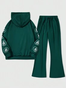 SHEIN 2pcs Tween Boy Graphic Hoodie And Pants Set Chic Outfits For Autumn/Winter - Multicolor - View 2