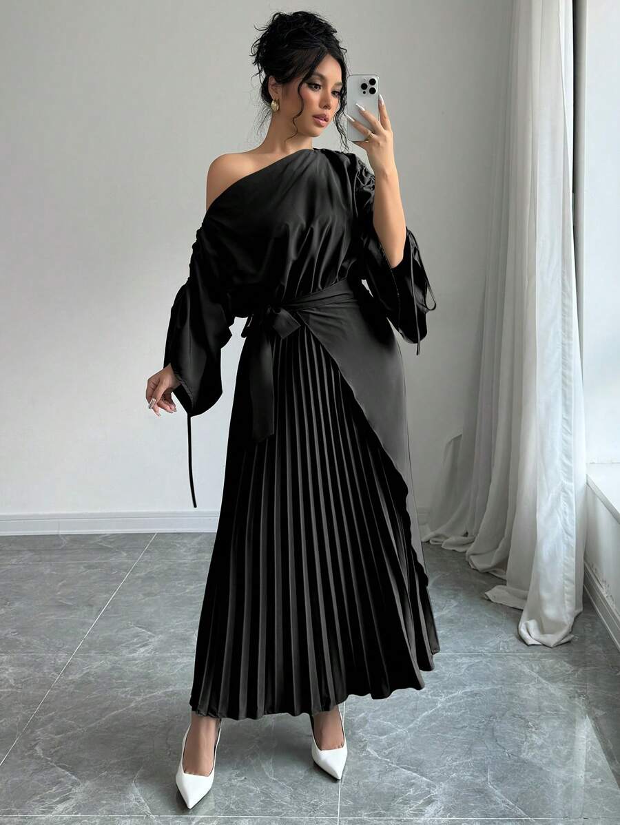 Chiquease 1 pièce Robe longue plissée à taille cintrée, avec col oblique, manches longues et ourlet noué pour femmes - Noir - Voir 1