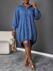 Maweii 1 chiếc váy maxi dài tay dài giản dị màu trơn cỡ lớn cài nút phía trước ngắn phía sau trang phục dành cho nữ - Màu xanh lam - Xem 1