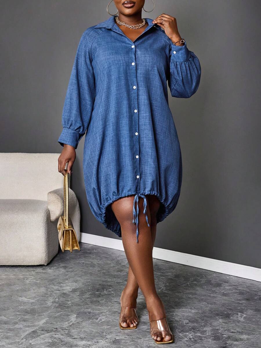 Maweii 1 chiếc váy maxi dài tay dài giản dị màu trơn cỡ lớn cài nút phía trước ngắn phía sau trang phục dành cho nữ - Màu xanh lam - Xem 1