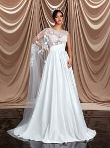 Glamrae 优雅奢华奶油色缎面蕾丝拼布单肩大灯笼袖大裙，适合婚礼、活动、派对和度假 - 米色 - 查看 4