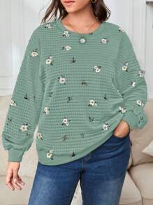 SHEIN LUNE Áo nỉ dệt kim tay dài họa tiết hoa cỡ lớn, giản dị tối giản, dành cho mùa thu/đông - Nhiều màu - Xem 1