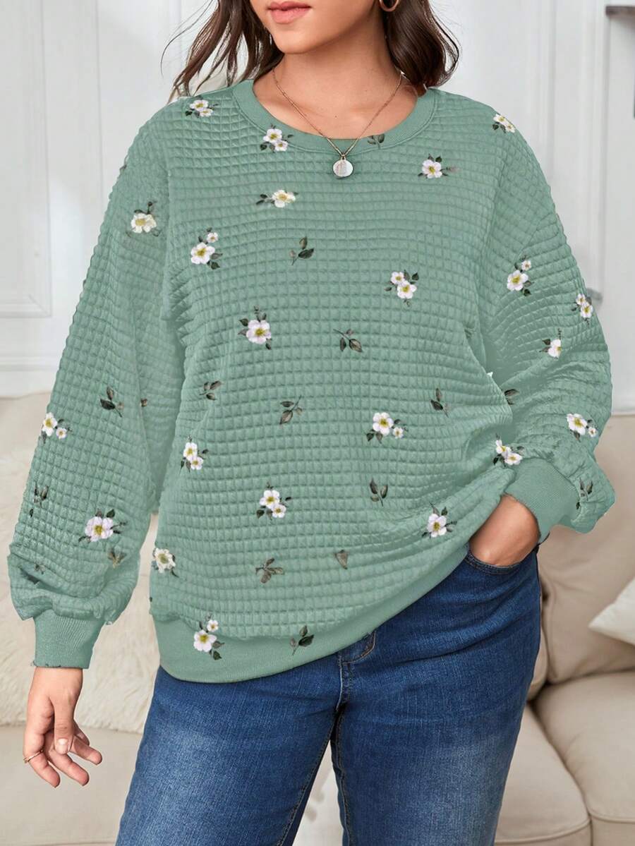 SHEIN LUNE Áo nỉ dệt kim tay dài họa tiết hoa cỡ lớn, giản dị tối giản, dành cho mùa thu/đông - Nhiều màu - Xem 1