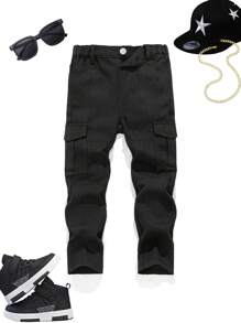 SHEIN Young Boy Street Cool Cargo Pocket Black Denim Tapered Jeans For Fall/Winter Clothes - Black - View 1