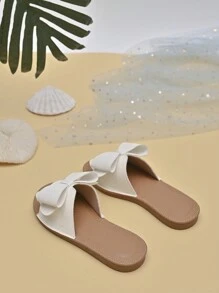 1 par de pantuflas de moda cómodas y adorables con moño para niñas, apropiadas para el verano - Beis - Ver 2