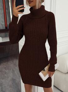 SHEIN Unity 1 件女士休闲纯色高领毛衣连衣裙，适合秋冬季 - 咖啡棕 - 查看 1