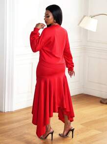 BamGleam Women's Elegant Red Party Two-Piece Set Winter Autumn V-Neck Crop Top + Asymmetrical Hem Ruffled Skirt Outfits Christmas Holiday Fashion Clothing - Red - View 2