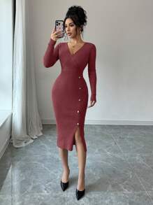 Váy len dài tay thanh lịch cổ chữ V ôm sát eo dành cho nữ, mùa thu - Gỗ đỏ - Xem 4