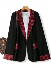 SHEIN LUNE Abrigo blazer de talla grande con patrón a cuadros y patchwork para otoño - Negro - Ver 1