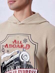 THE POLAR EXPRESS X SHEIN Men Graphic Print Hoodie & Pants Set, For Christmas - Khaki - View 5