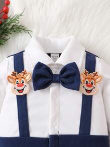 Áo sơ mi dài tay đơn hàng khuy đơn màu tương phản cho bé trai và quần yếm, phù hợp cho các hoạt động hàng ngày của bé, cho Giáng sinh - Màu xanh hải quân - Xem 5