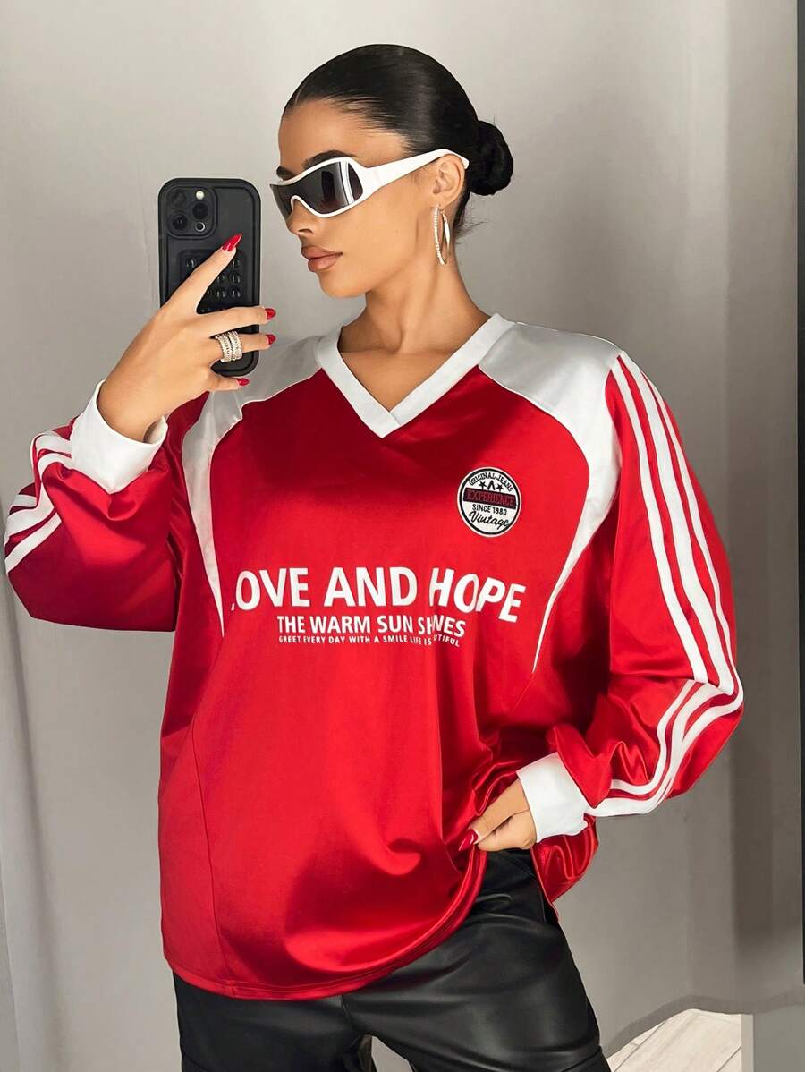 SHEIN ICON 超大号拼色印花 V 领女式运动衫 - 紅色 - 查看 1