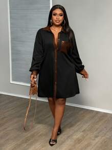 Slaydiva Koszula damska PU Patchwork w kolorze bloku, w stylu casual, w dużych rozmiarach