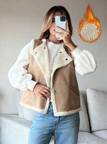 SHEIN Essnce Áo khoác vest Teddy màu nâu chần bông cho nữ có túi và nút, dày, mùa thu/đông - màu nâu - Xem 1