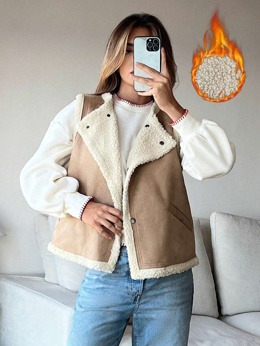SHEIN Essnce Áo khoác vest Teddy màu nâu chần bông cho nữ có túi và nút, dày, mùa thu/đông - màu nâu - Xem 1