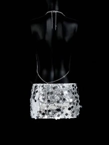 SHEIN ICON Rhinestone Decor Simple Backless Camisole, Clubwear Casual - Silver - View 7