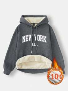 SHEIN EZwear 女士宽松休闲灰色连帽衫，带口袋，保暖厚实，适合秋冬季，长袖上衣 - 灰色 - 查看 1