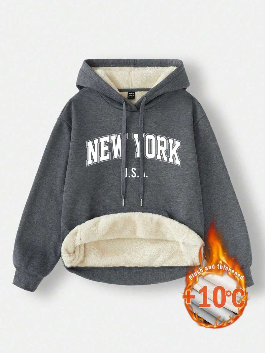 SHEIN EZwear 女士宽松休闲灰色连帽衫，带口袋，保暖厚实，适合秋冬季，长袖上衣 - 灰色 - 查看 1