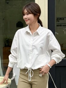 DAZY Women's Turn-Down Collar Loose Hem Drawstring Jacket Long Sleeve Top - White - View 5