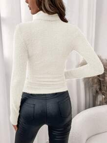 SHEIN Clasi 冬季优雅女士温暖舒适长袖高领仿毛衣弹力修身T恤 - 杏色 - 查看 2