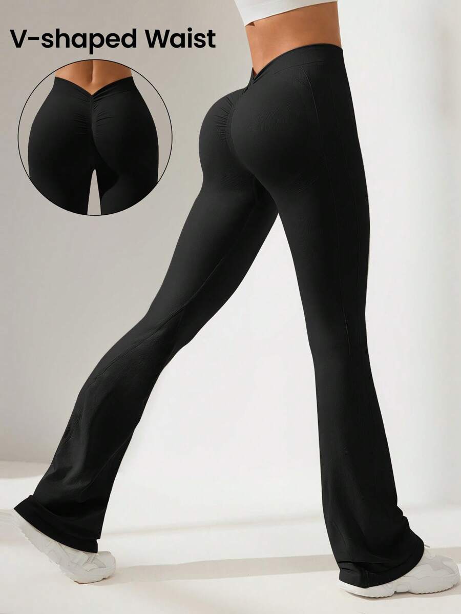 Easithlete Solid Color V-Waist Flared Leg Tight Fit Sports Pants, Suitable For Yoga & Outdoor Activities