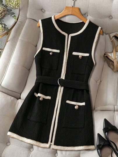 Chaleco/chaqueta sin mangas casual y elegante con tela acolchada de jacquard y ribete de contraste