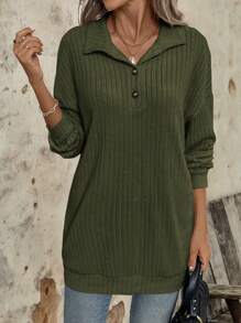 EMERY ROSE Women's Solid Color Front Button Long Sleeve Casual Sweatshirt - Army Green - View 1