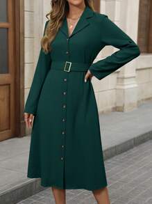 EMERY ROSE Fall Women Dresses,Dress With Sleeves,Belt Adjustable Dress - Dark Green - View 4