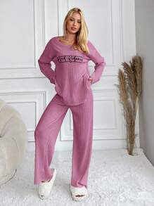 RueChic Letter Graphic Drop Shoulder Lounge Set - Pink - View 5