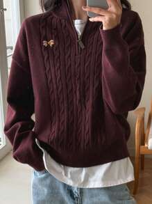 DAZY 1 件女士宽松刺绣半拉链长袖休闲毛衣，秋季女装 - 紅木色 - 查看 5