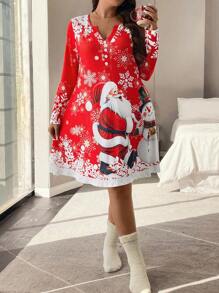 SHEIN LUNE Đầm thường ngày dài tay chữ A họa tiết ông già Noel cỡ lớn cổ chữ V trang trí nút - Nhiều màu - Xem 5