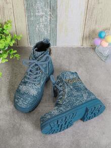 Giày bốt mũi tròn buộc dây phía trước đơn giản cho trẻ em, trang phục thường ngày - Màu xanh lam - Xem 5