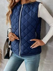 SHEIN LUNE Women Plain Front Zip Pocket Simple Sleeveless Casual Puffer Vest - Navy Blue - View 6
